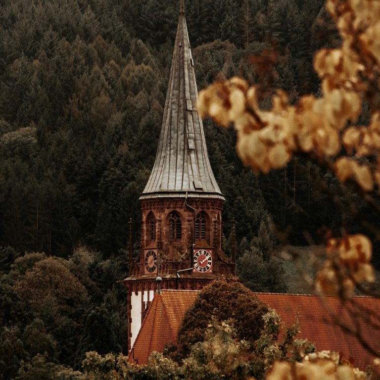 Ein Kirchturm vor einem Wald